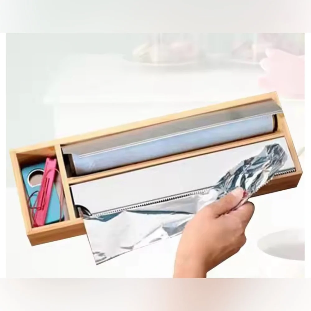 Plastic Wrap & Foil wrap Dispenser Bamboo Cling Film Storage Box With Cutter